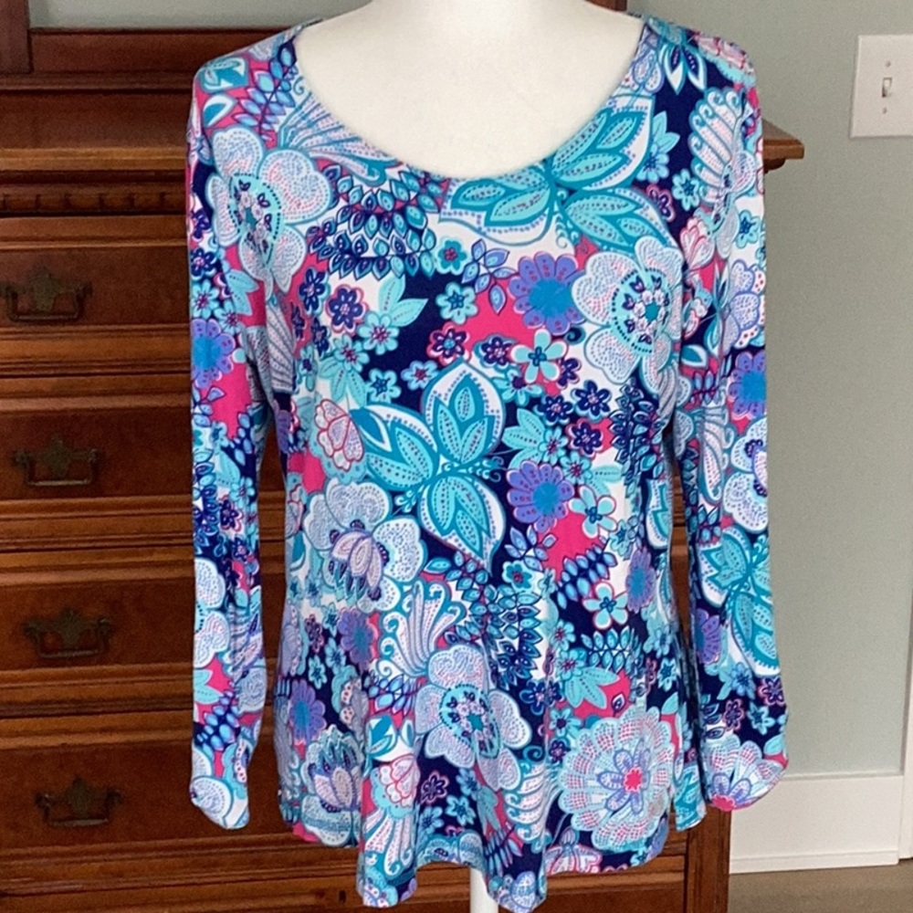 Talbots Roll Tab Sleeve UPF 50+ Tee Floral in Large Petite Modern Classic - Picture 3 of 8